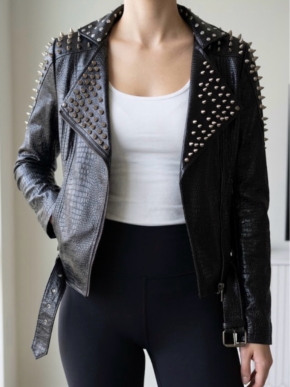 Black Studded Faux-Leather Moto Jacket - Women's